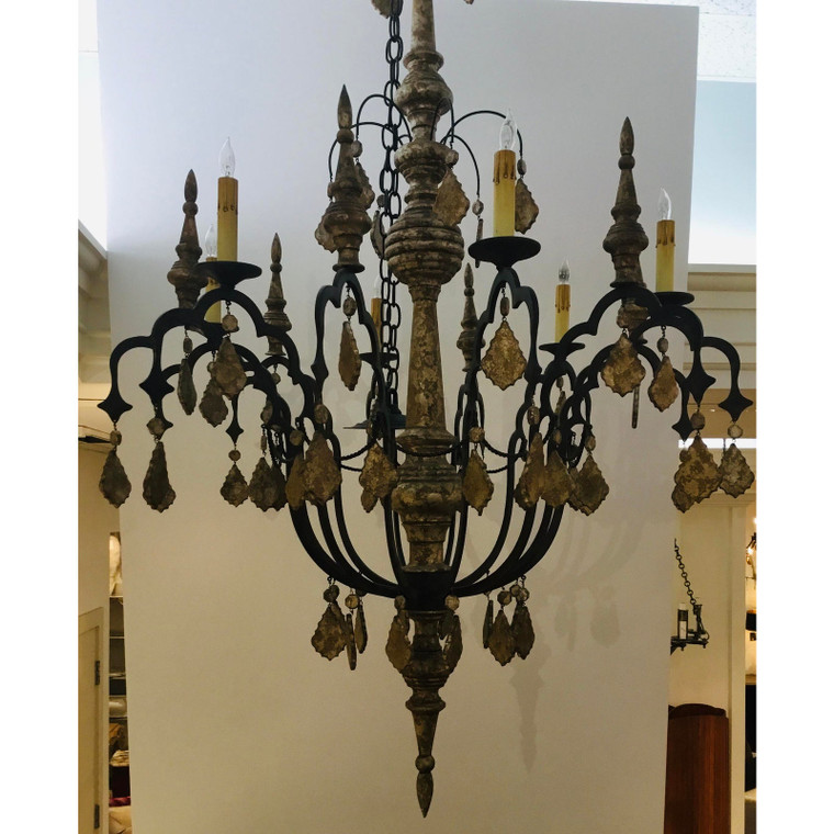 Currey and Co. Transitional Carved Wood and Iron Graycliff Chandelier