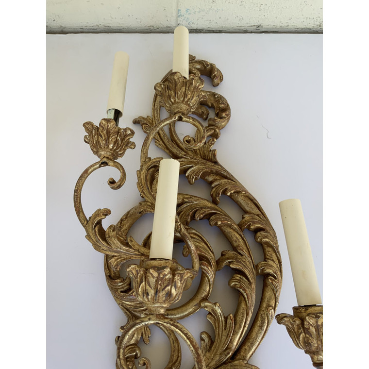 Myran Allen Luxury Lighting Florentine Gold Carved Wood Sconces - a Pair