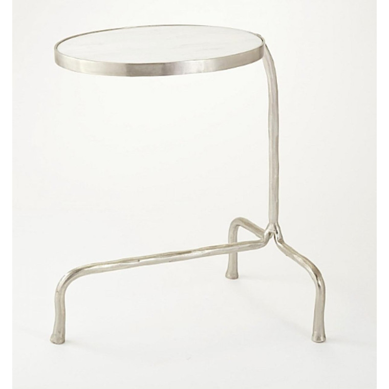 Modern Polished Nickel Finished Cast Iron and White Marble Oval Cantilever Side Table