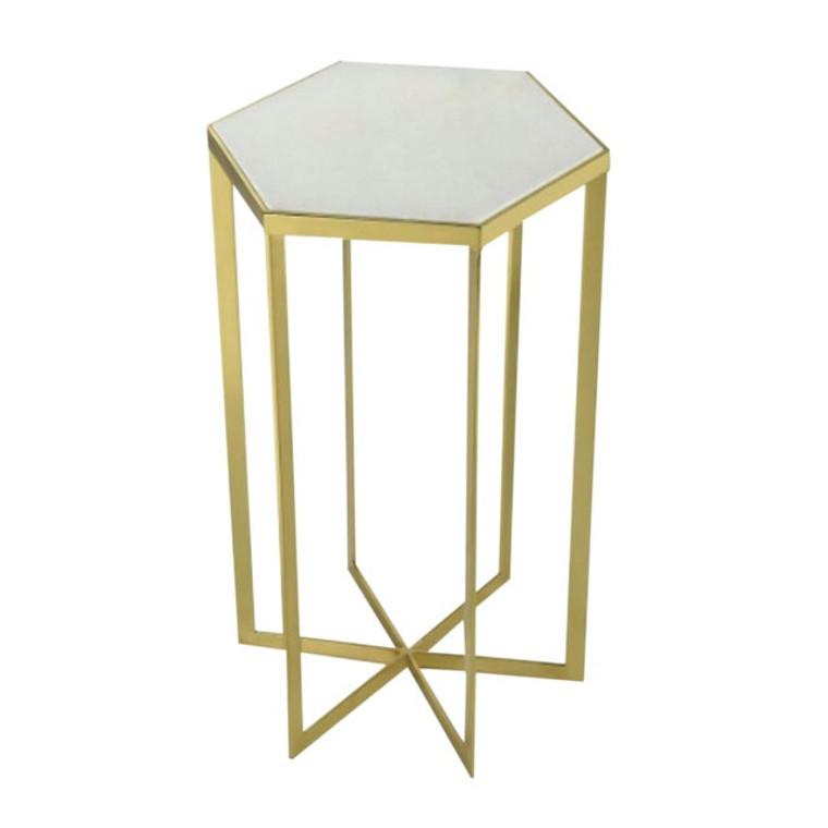 Contemporary White Marble and Gold Plated Geometric Side Table