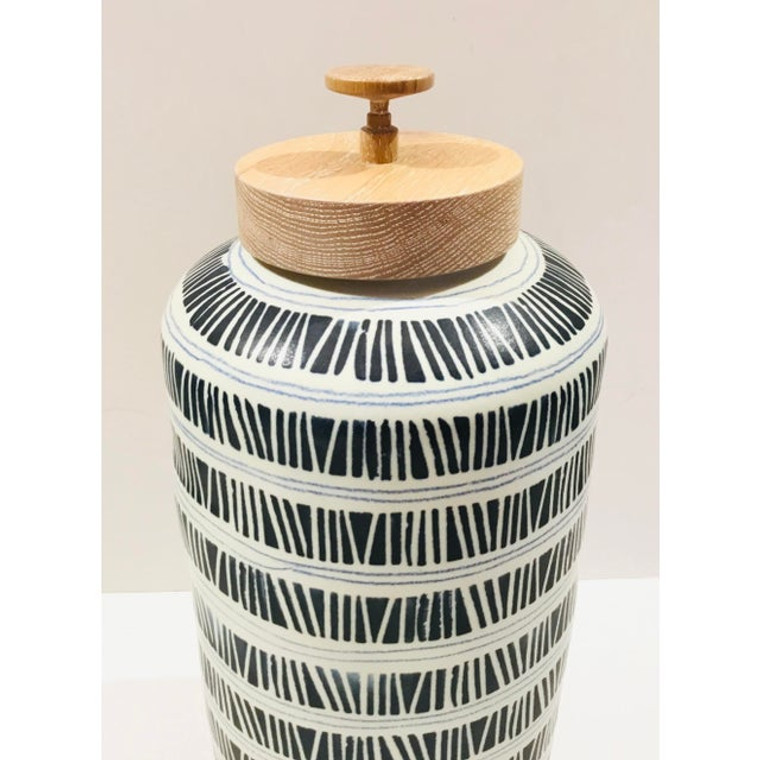 Danish Modern Style Navy and White Hand Carved Porcelain Jar