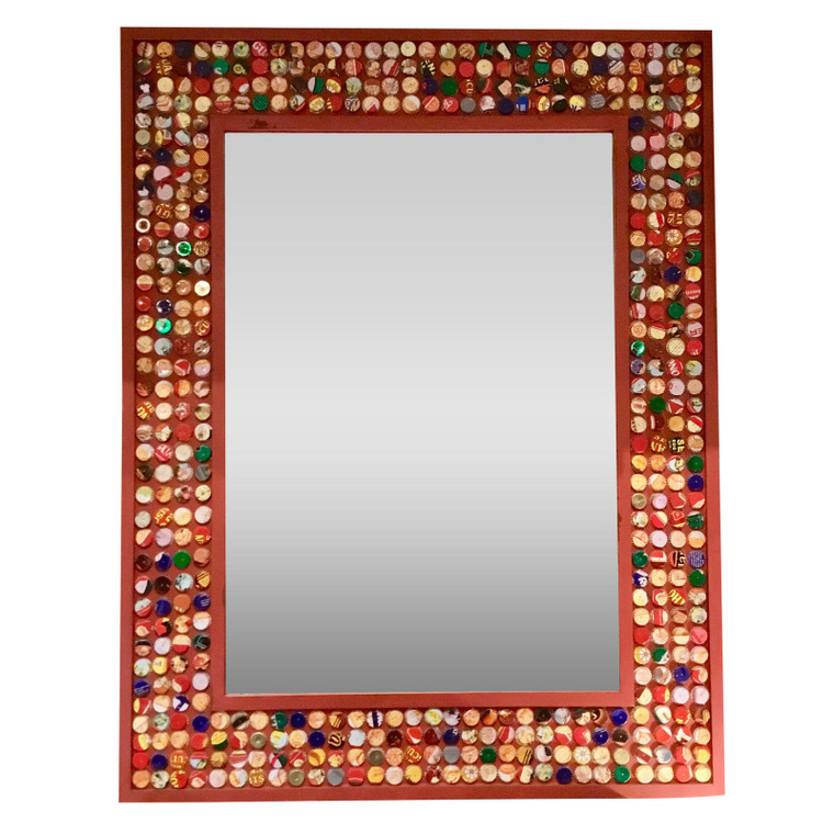 Modern Eclectic Red Wood Bottle Cap Wall Mirror