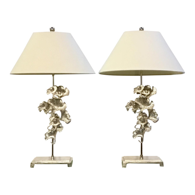 Modern Falling Ginkgos Polished Nickel Table Lamps Pair