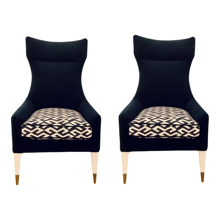 Caracole Couture Modern Navy Blue and White Geometric Perfect Pairing Chairs - a Pair