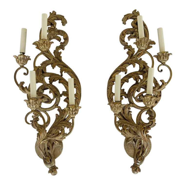 Myran Allan Luxury Lighting Florentine Brushed Silver Carved Wood Sconces - a Pair