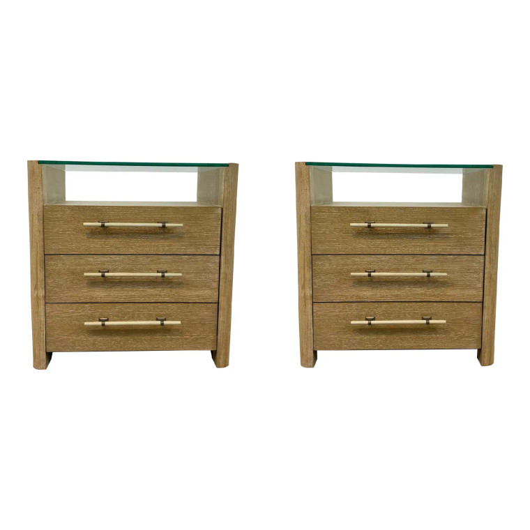 Organic Modern Cerused Oak Finished Nightstands Pair