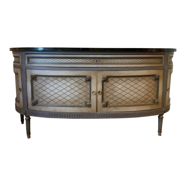 Vintage Transitional Gray and Beige Marbleized Demi-Lune Sideboard