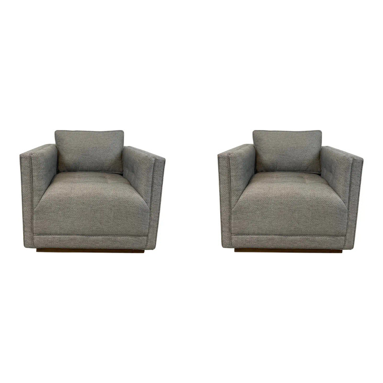 Modern Tuxedo Style Gray and White Herringbone Tufted Club Chairs Pair