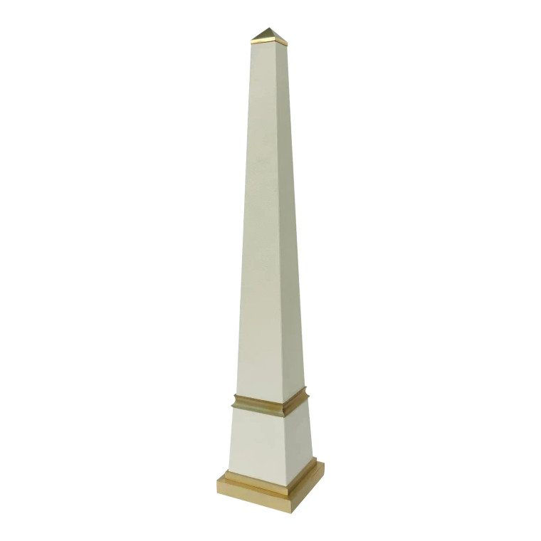Currey & Co. Modern Large White Leather and Brass Obelisk