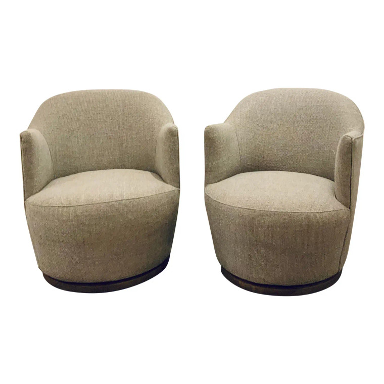 Mod Gray Fabric Barrel Back Swivel Chair Pair