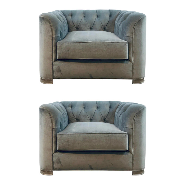 Caracole Tufted Gray Velvet Oversized Club Chairs Pair