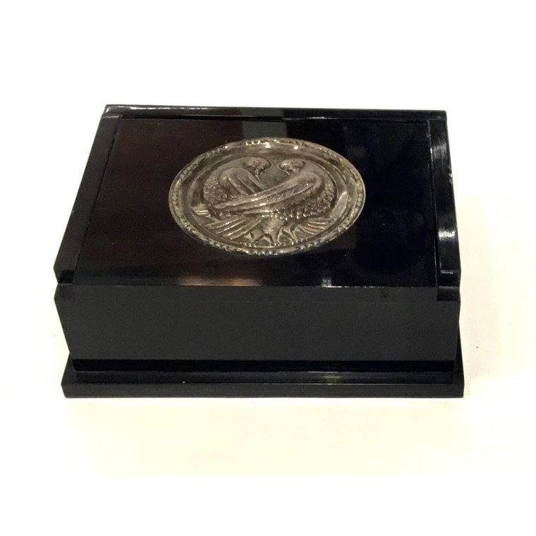 Art Deco Vintage Black Lacquer Box With Silver Dove Medallion