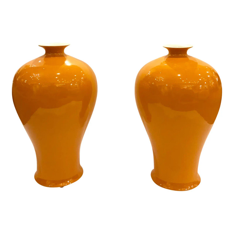 Medium Chinese Modern Mango Glaze Porcelain Vases Pair