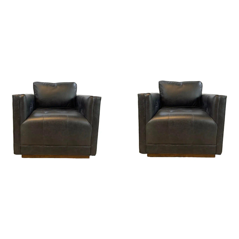 Modern Square Back Black Leather Swivel Chairs Pair