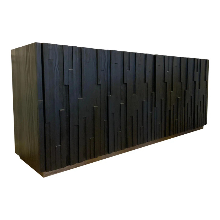 Organic Modern Rustic Charred Black Finished Wood Credenza