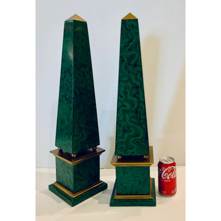 Maitland-Smith Large Modern Faux Malachite Obelisks Pair