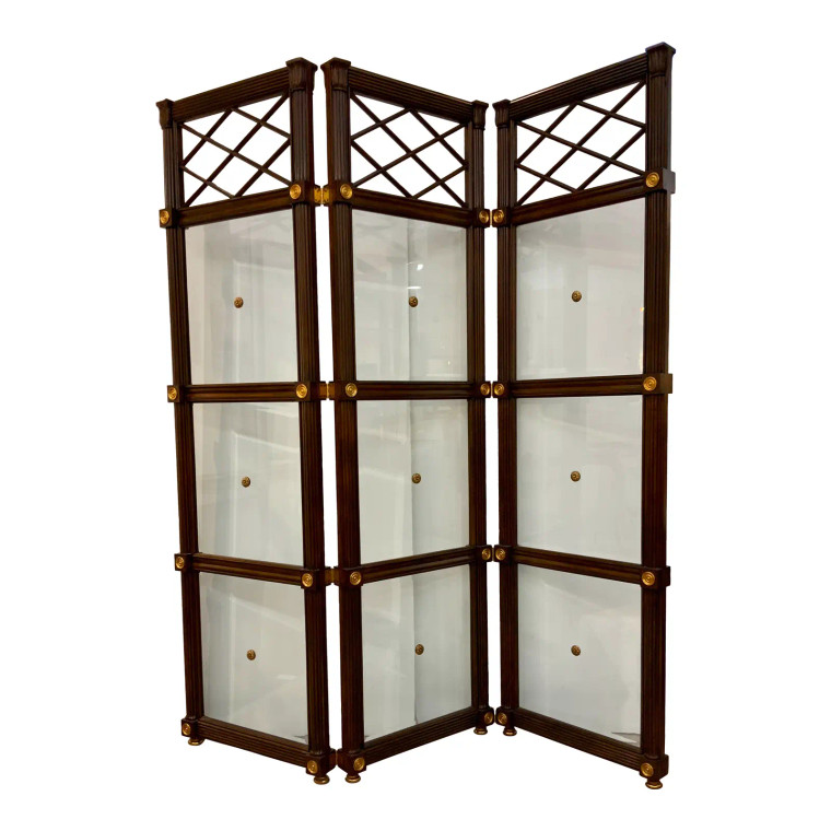 Maitland-Smith Neoclassical Style Regency Mahogany Finished 3 Panel Glass Screen