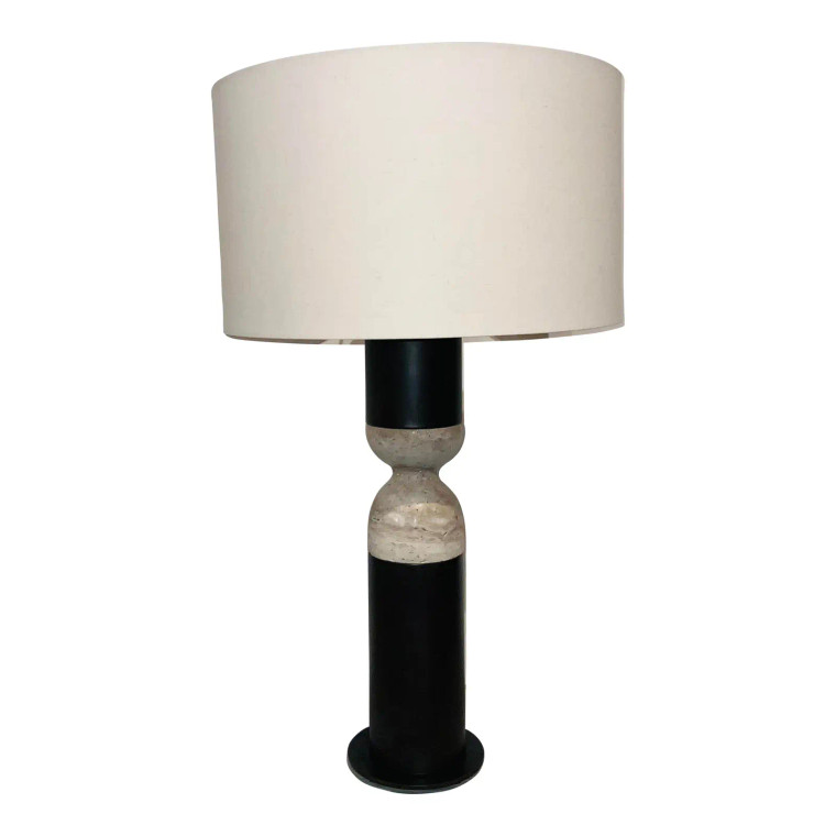 Modern Dark Bronze and Greige Marble Cylinder Table Lamp