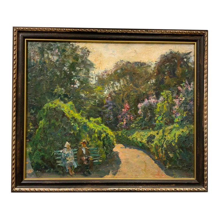 Antique Impressionistic Oil Painting of Couple in Park