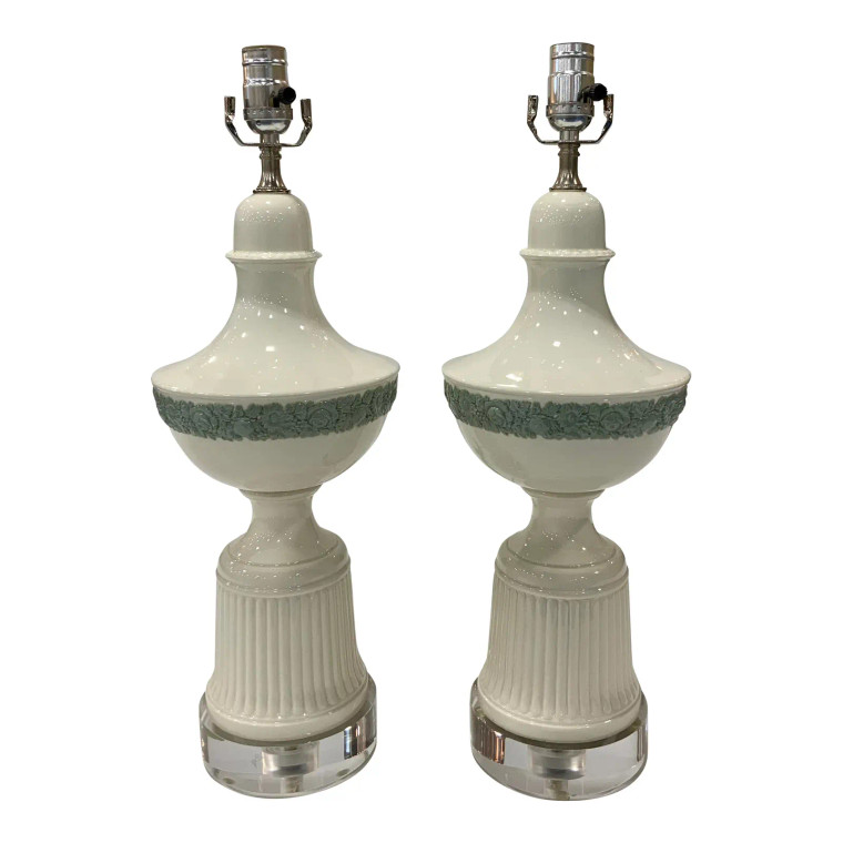 Vintage White Glaze Floral Wedgwood Style Porcelain Table Lamps Pair