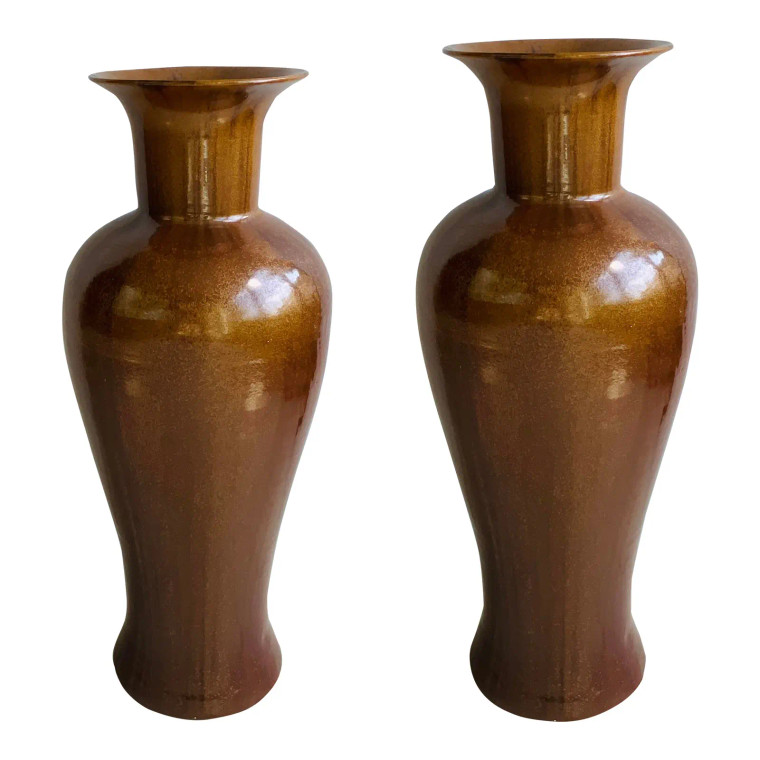 Large Modern Copper Metallic Glaze Vases Pair