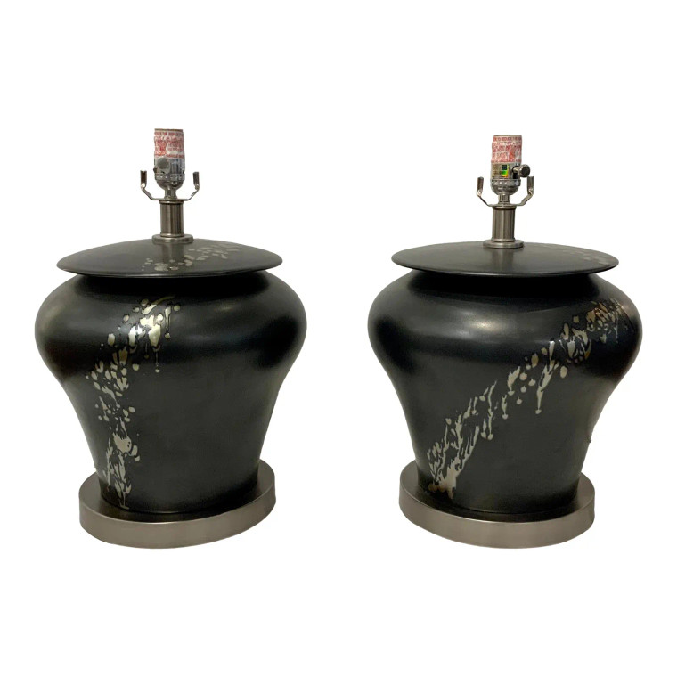 Currey & Co. Abstract Modern Reactive Bronze Glaze Porcelain Table Lamps Pair Prototypes