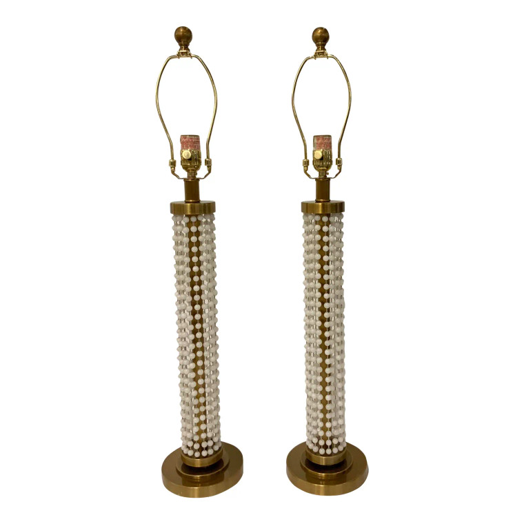 Currey & Co. Modern Faux Pearl Strand Satin Brass Finished Table Lamps Pair Prototypes