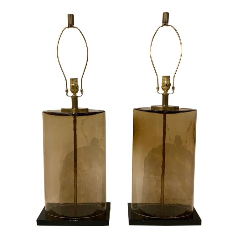 Currey & Co. Modern Amber Glass Elliptical Table Lamps Pair Prototypes