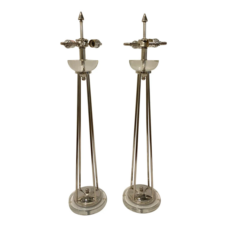 Currey & Co. Modern Acrylic and Polished Nickel Table Lamps Pair Prototype