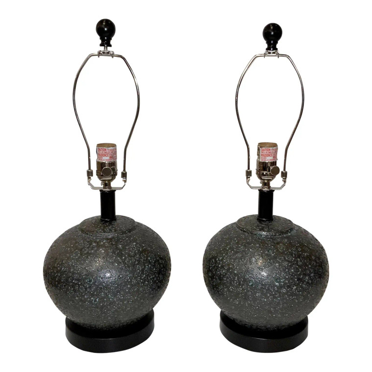 Currey & Co. Brutalist Inspired Charcoal Lava Glaze Pottery Table Lamps Pair Prototypes