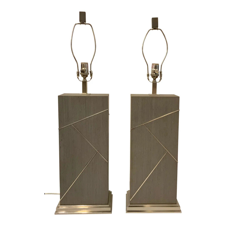 Currey & Co. Modern Geometric Gray Wood Table Lamps Pair Prototypes