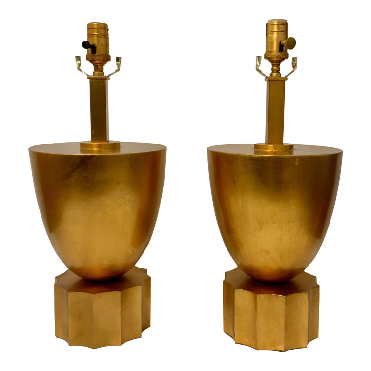 Currey & Co. Modern Gold Leaf Finished Table Lamps Pair