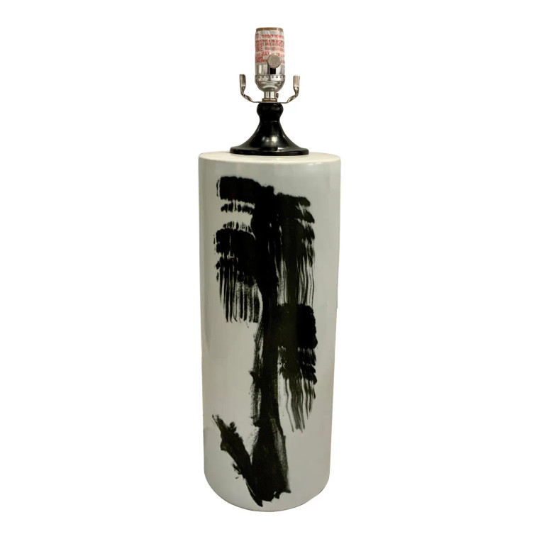 Asian Modern Black and White Hand Painted Abstract Porcelain Table Lamp