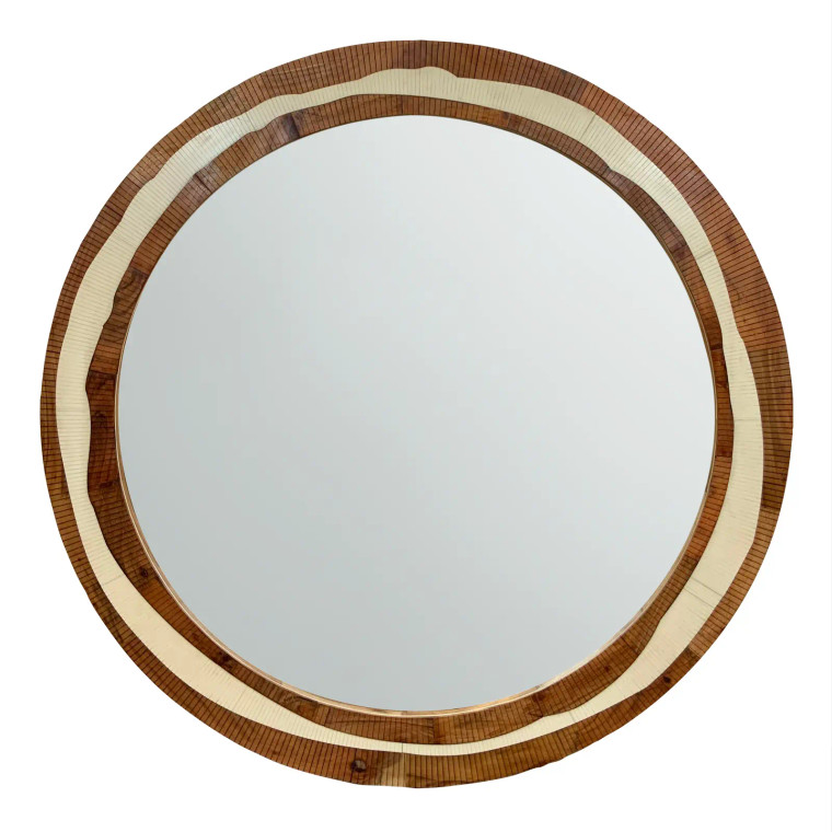 Currey & Co. Abstract Modern White Resin and Wood Round Wall Mirror