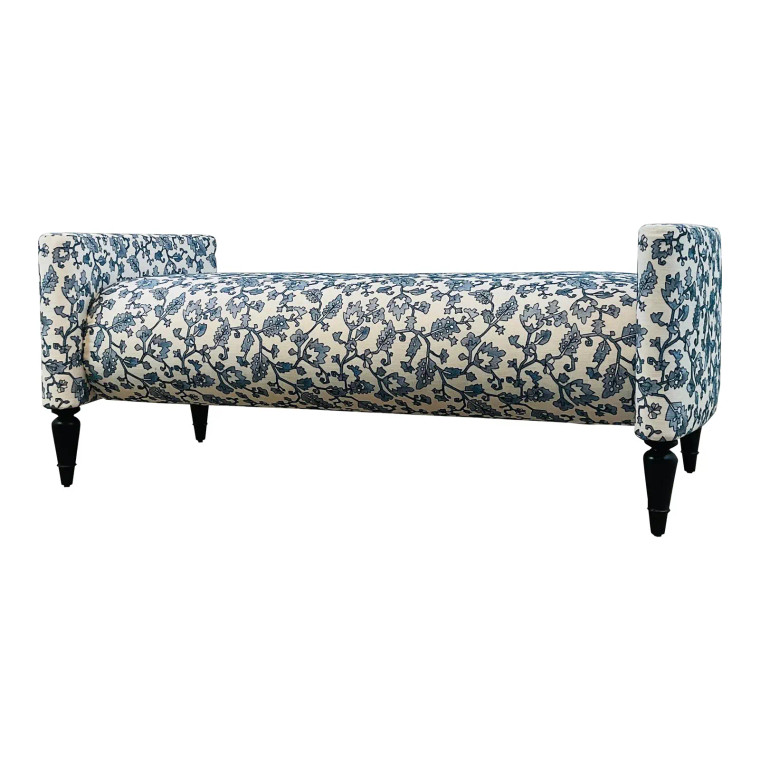 Norwalk Fabric Blue and White Modern Botanical Print Linen Durham Bench