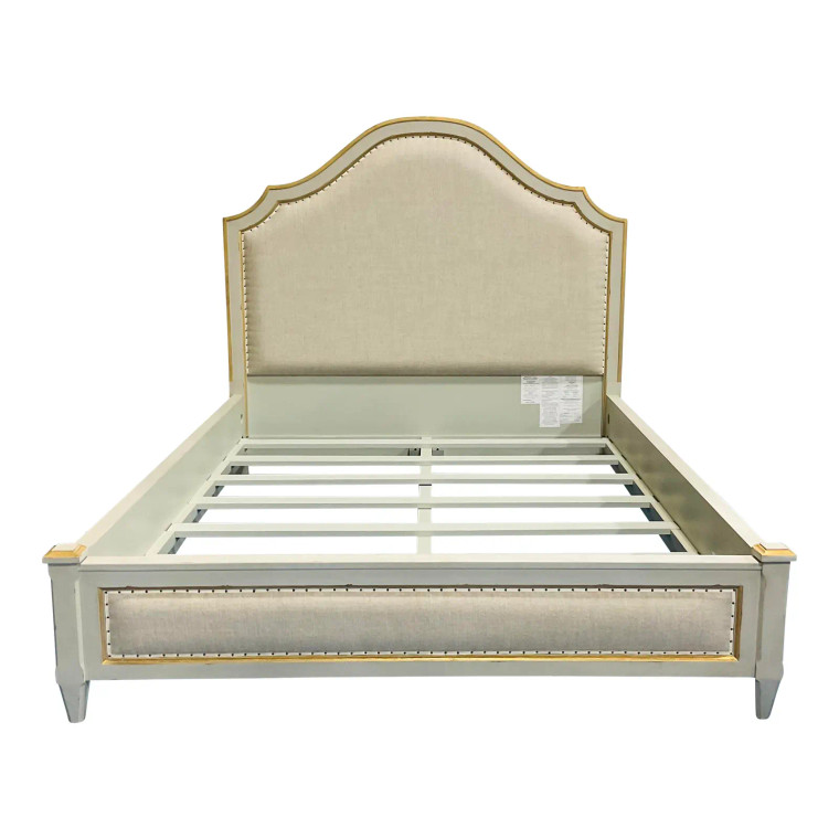 French Style White Linen Platform Queen Bed