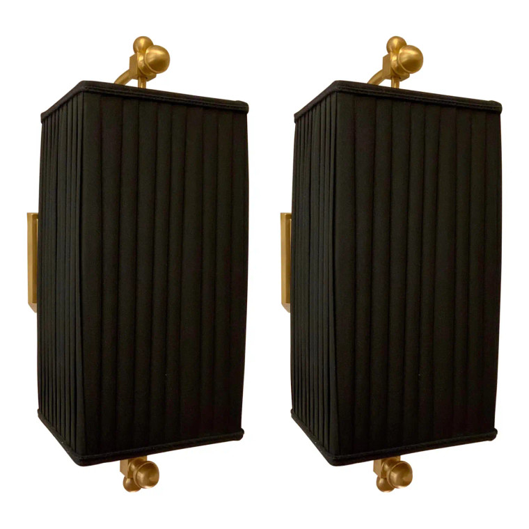 Baker Black Pleated Shade Lyre Sconces Pair
