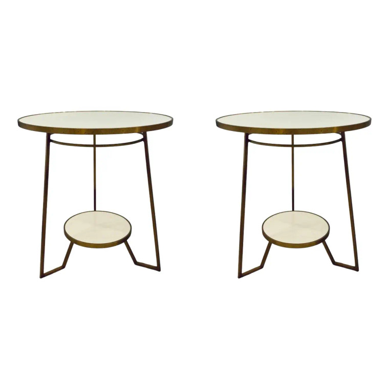 Jonathan Charles Contemporary Gold and Ivory Crackle End Tables Pair