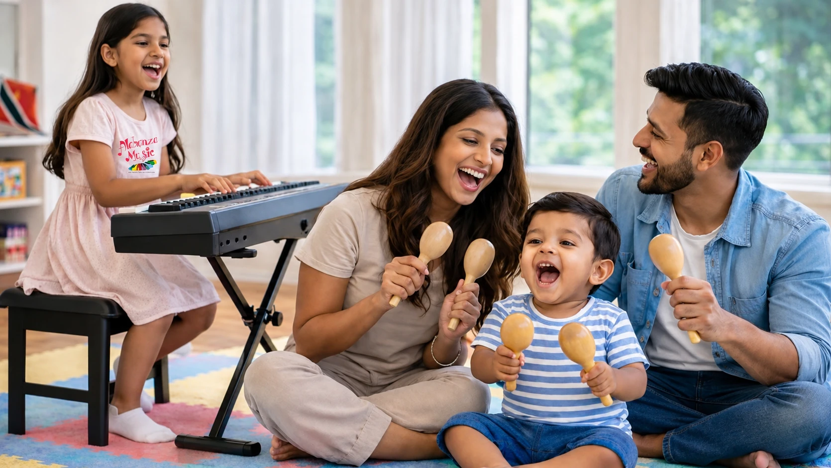 Family making music together at an Alabanza MusicVersity class