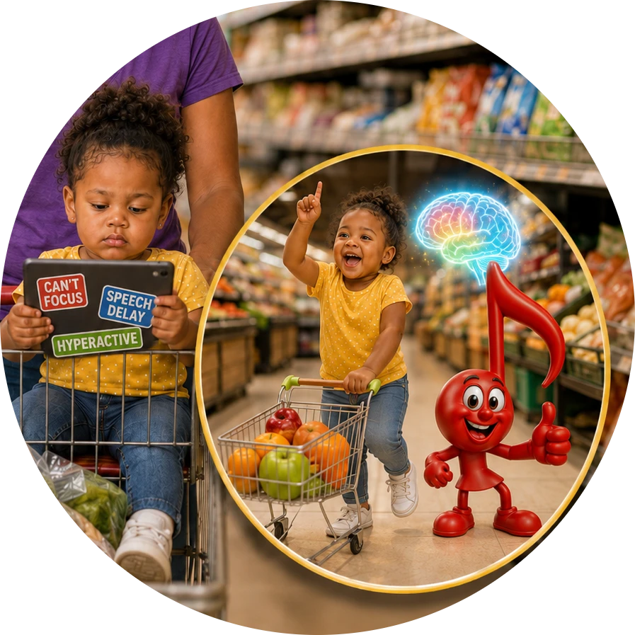 Parent and toddler using music while shopping at the supermarket