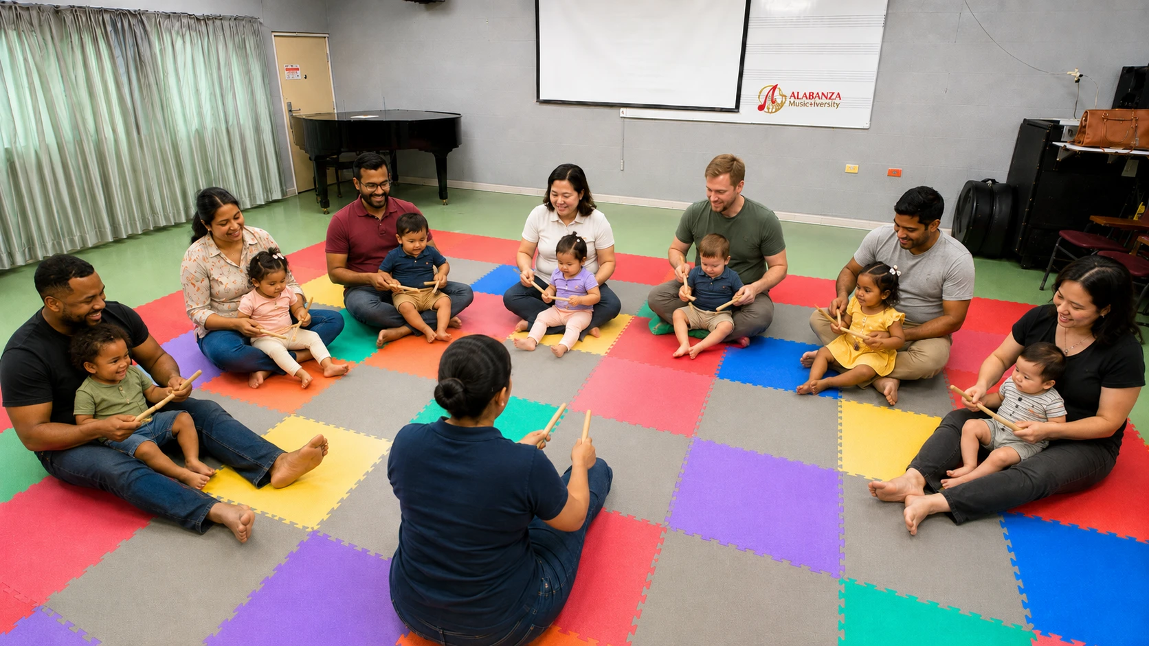 Children making rhythm together in an Alabanza group music class