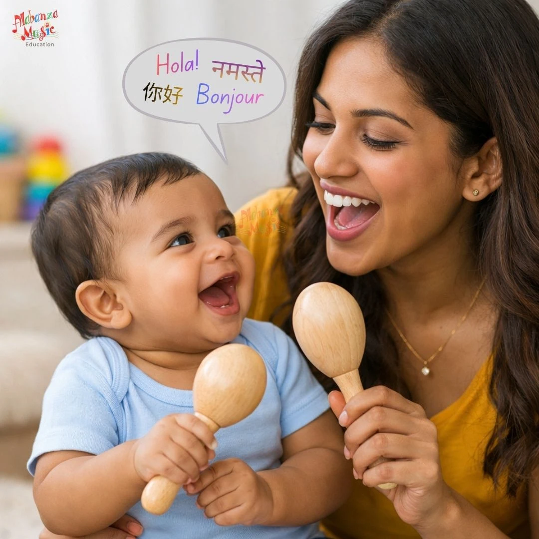 Mother and baby with multilingual speech bubbles