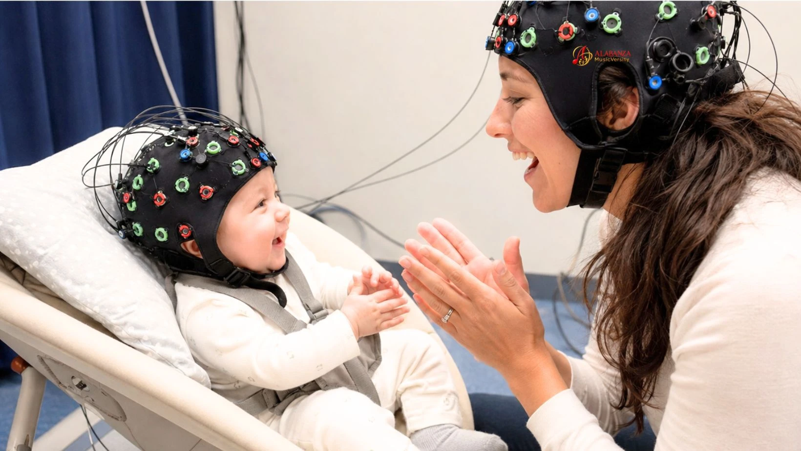 Mother and baby interacting during a music-related brain study