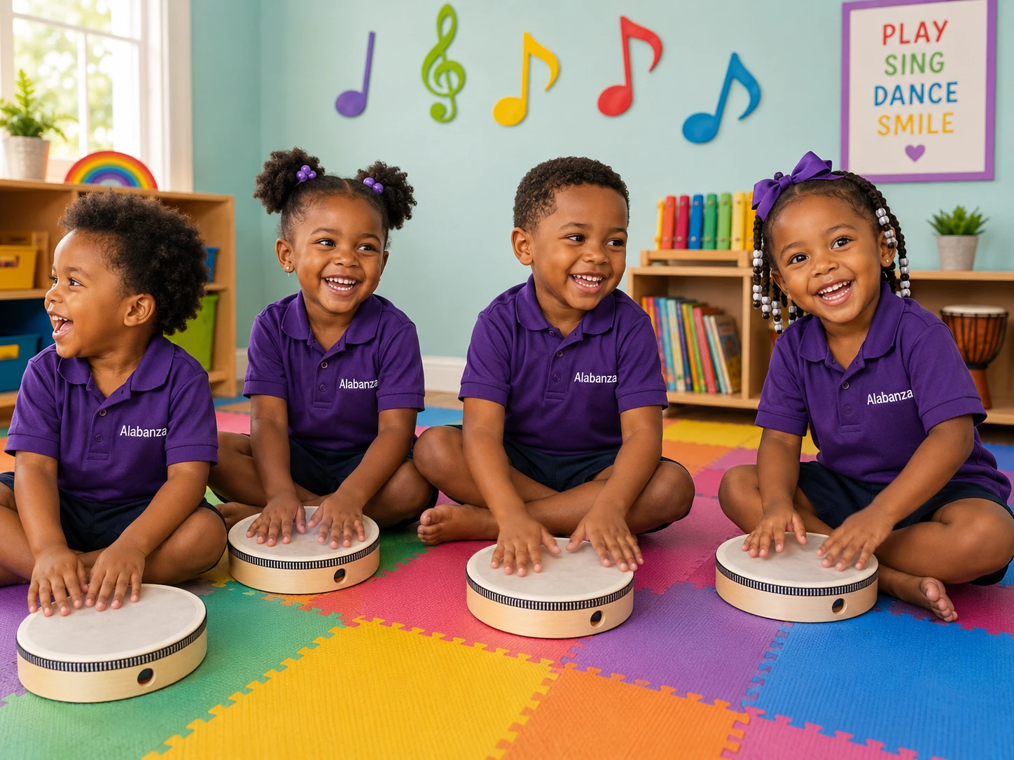 Child engaged in active drumming and music-making