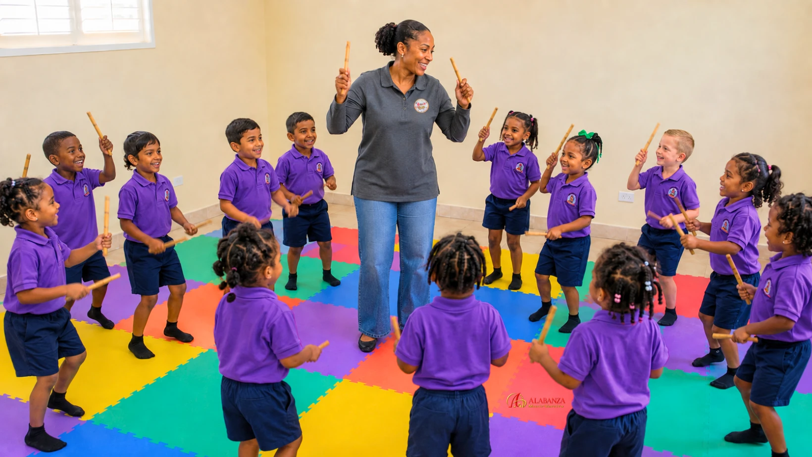 Preschool children taking part in an active music and movement experience at school