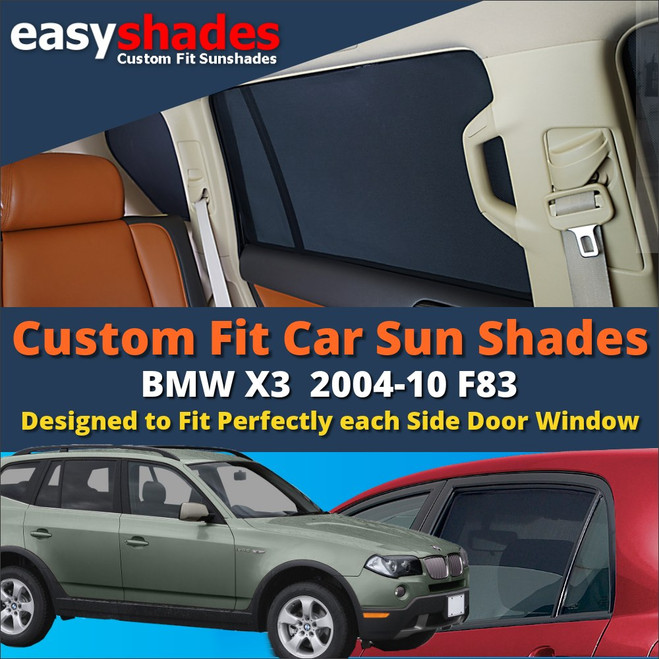 BMW X3 Car Sun Shades from easyshades give great UV Protection with Window Shades and are more convenient than Privacy Glass. Styling Accessories are available from £29.95 inc Vat Order Online