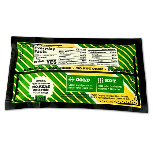 Back of Chill Peas packaging showing usage instructions, features, and heating and cooling directions.