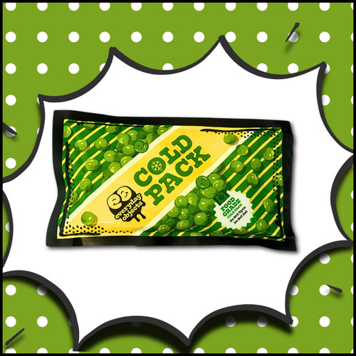 Illustrated comic artwork featuring the Chill Peas hot and cold pad in a playful, cozy comfort scene.