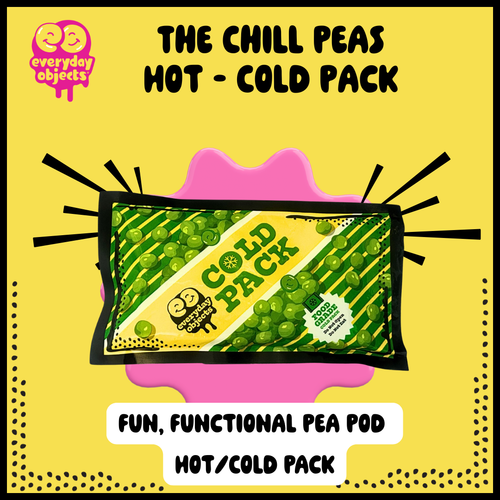 Chill Peas hot and cold pad with comic-style branding, reusable pea-shaped gel pack for comfort relief.