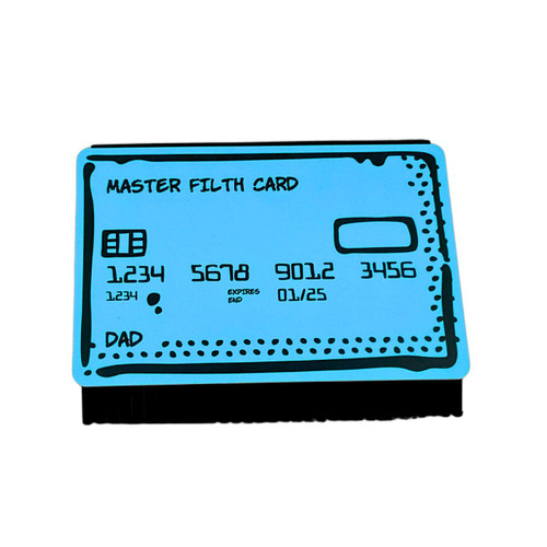 Front view of the Swipe and Wipe credit card squeegee in Dad Blue, highlighting its wallet-sized design.